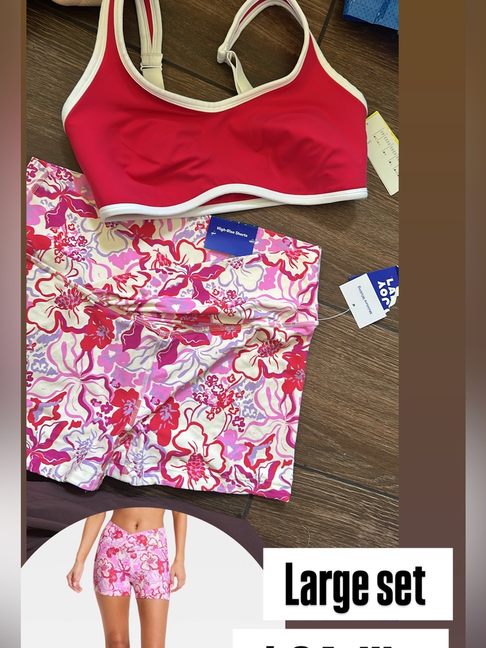 all in motion Pink Floral Women’s Shorts with Red Trim Sports Bra